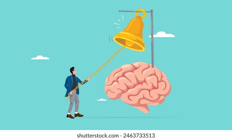Self awareness, develop creativity to increase sensitivity in dealing with a situation, quick response, businessman ring the bell in his brain to awaken self-awareness and sensitivity to the situation