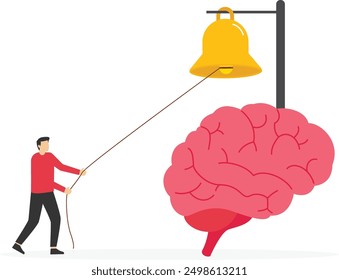 Self awareness, develop creativity to increase sensitivity in dealing with a situation, quick response, businessman ring the bell in his brain to awaken self-awareness and sensitivity to the situation