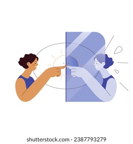 Self awareness. Happy woman pointing on herself in mirror reflection isolated on white background. Mental health. Modern flat vector illustration.