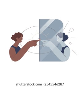 Self awareness. Happy woman pointing on herself in mirror reflection isolated on white background. Mental health. Modern flat vector illustration.