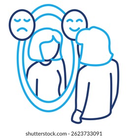 Icono de autoconciencia representado por la mirada en el espejo de estilo de línea dual.