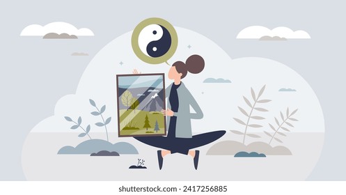 Self awareness and mental harmony with body calmness tiny person concept. Psychological mindset with calm confidence, healthy relationship with yourself and mental identity care vector illustration.