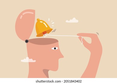 Self awareness, psychological state in individuality of behavior or feeling, self acceptance or personality concept, a man ringing the bell in his self brain head metaphor of awareness of his exist.