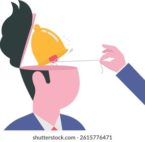Self awareness, psychological state in individuality of behavior or feeling, self acceptance or personality concept, a man ringing the bell in his self brain head metaphor of awareness of his exist.
