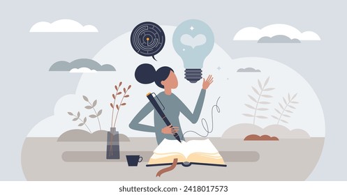 Self awareness and writing diary to understand daily emotions tiny person concept. Journaling feelings as psychological method to perceive and understand yourself mental mindset vector illustration.