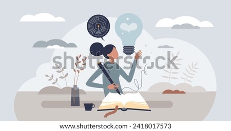 Self awareness and writing diary to understand daily emotions tiny person concept. Journaling feelings as psychological method to perceive and understand yourself mental mindset vector illustration.