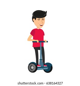 Self balancing electric scooter. Vector illustration icon design cartoon man character in modern flat style. Young man riding in Electric Scooter. Isolated on white background