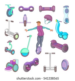 Self balancing scooter icons set. Cartoon illustration of 16 self balancing scooter vector icons for web