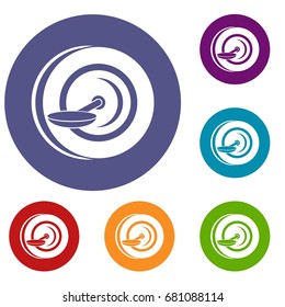 Self balancing wheel icons set in flat circle red, blue and green color for web