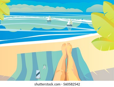  Self ie of barefoot with travel items,  mobile phone and accessories on the beach