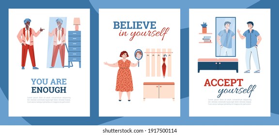 Self body acceptance and self confidence banners set with people characters and motivational slogans, cartoon vector illustration. Posters on like your body concept.