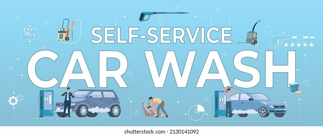 Self car wash composition with text and set of flat icons with car owners washing automobiles vector illustration