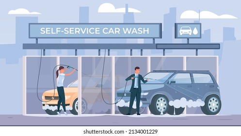 Self car wash flat composition with outdoor scenery and view of building with people washing automobiles vector illustration