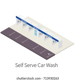 Self car wash isometric vector model. Self serve car wash vector concept.