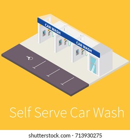 Self Car Wash Isometric Vector Model. Self Serve Car Wash Vector Concept.