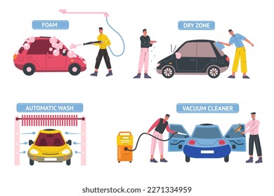 Self car wash service. People cleaning automobile windows and salon interior. Automatic water supply. Soap foam equipment. Dry and vacuum brushing. Transport care. Vector