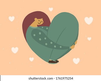 Autocuidado, aceptación, concepto positivo corporal. Ama tu Ilustración. La joven abraza sus rodillas. Muchacha linda con los ojos cerrados sentada en una pose con forma de corazón. Tarjeta vectorial para el día de las mujeres o los San Valentín