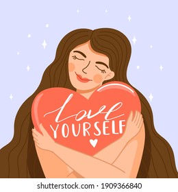 Self care, self acceptance concept. Cute girl crosses hands and hugging big heart. Positive woman with heart and typography composition. Vector trendy cartoon illustration on white background.
