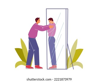 Self care and acceptance concept vector illustration. Man supporting himself, hugging his reflection in the mirror. 