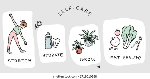 Self care activities  to keep happy and healthy. Vector hand drawn illustrations. Bold lines, solid block colors.