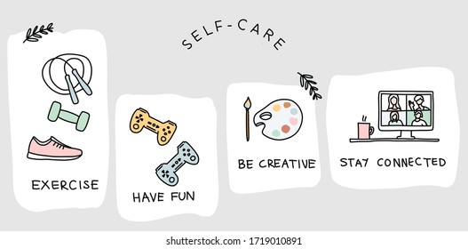 Self care activities  to keep happy and healthy. Vector hand drawn illustrations. Bold lines, solid block colors.