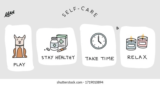 Self care activities  to keep happy and healthy. Vector hand drawn illustrations. Bold lines, solid block colors.