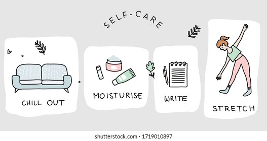 Self care activities  to keep happy and healthy. Vector hand drawn illustrations. Bold lines, solid block colors.