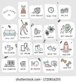 Self care activities  to keep happy and healthy. Vector hand drawn illustrations. Bold lines, solid block colors.