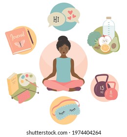 Self care activities to keep happy and healthy. Vector illustration set isolated on white.