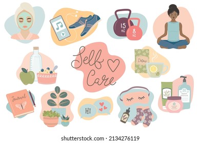 Self care activities to keep happy and healthy. Collection set of vector illustrations isolated on white.