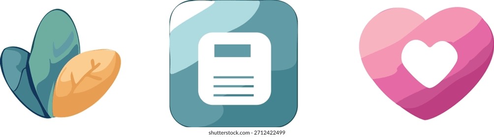 Iconos del App del cuidado personal con la hoja, el diario y el símbolo del corazón — Ilustración vectorial