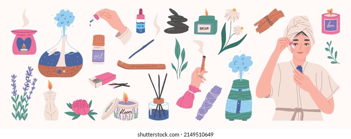 Self care and aromatherapy elements set, flat vector illustration isolated on white background. Woman character applying beauty product. Candle, palo santo, air humidifier, essential oil. Spa concept.