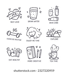 Self care awareness routine doodle icon hand drawn. Love yourself, eat healthy, me time, have some tea, unlease creativity. Vector line illustration