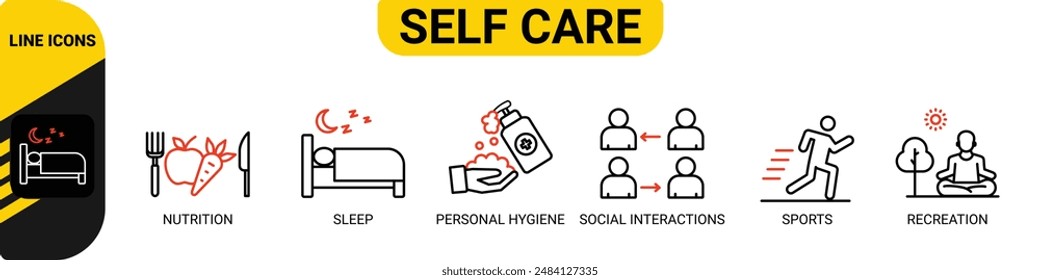 Self care banner web icon vector illustration concept with icon of nutrition, sleep, personal hygiene, social interactions, sports, recreation