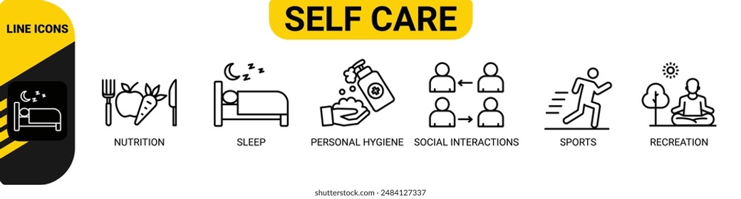 Self care banner web icon vector illustration concept with icon of nutrition, sleep, personal hygiene, social interactions, sports, recreation