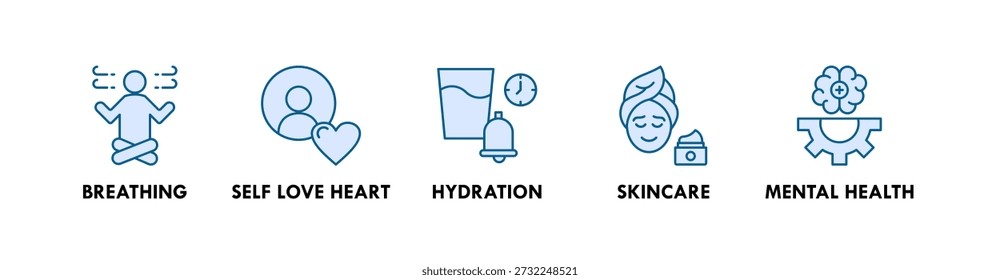 Concepto de ilustración de icono de Web de Anuncio de autocuidado con ícono de respiración, corazón de amor propio, hidratación, cuidado de la piel, salud mental