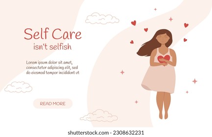 Self care banner. Young woman with closed eyes hugs herself and hearts. Mental health, zen, harmony concepts. Body positive, self care, love yourself. Vector illustration