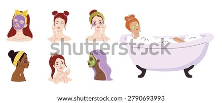 Self care beauty routine vector set. Women applying face mask, eye patches, cream, skincare treatment and relaxing bath. Female characters illustrations