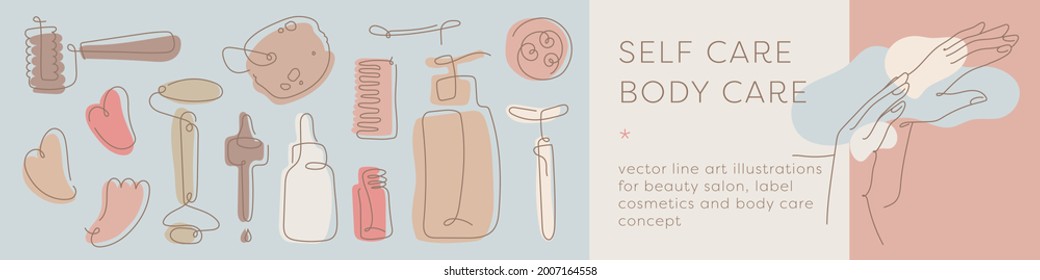 Los iconos lineales se cuidan de sí mismos. Ilustraciones del paquete cosmético. Belleza y concepto de moda. Dibujo vectorial de manos femeninas. Tonos naturales. Accesorios de cosmetología para el diseño de etiquetas o anuncios.