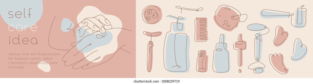 Self care body care linear icons. Cosmetic bundle illustrations. Beauty, fashion concept. Vector line drawing of female hands. Natural tone hue. Cosmetology accessories for label design or packaging.