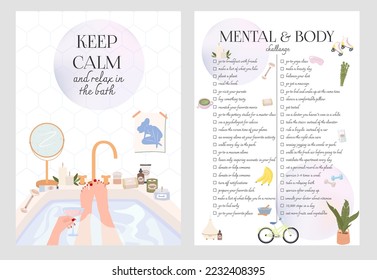 Self care, Body care, mental health inspiration posters. Mental and body chalange. Editable vector illustration