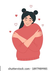 Self care, body positive concept. Happy young woman in a warm sweater hugging herself with little hearts around. Flat vector illustration isolated on white background. Self love. Cute female character