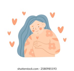 Self care. Body positive. Woman love her body about herself. Vector cartoon illustration in flat style. 