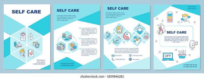 Self care brochure template. Mental, emotional, and physical health. Flyer, booklet, leaflet print, cover design with linear icons. Vector layouts for magazines, annual reports, advertising posters