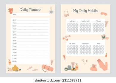 Self care checklist and daily planner set. Healthy habits for wellbeing. Body positive, mental health, self care, love yourself concept. Isolated vector illustration