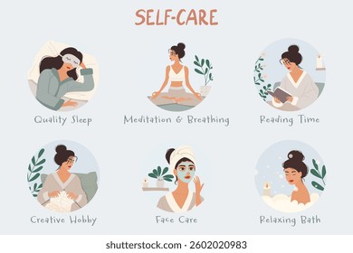 Self care checklist with daily wellness activities, vector illustration