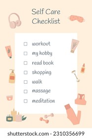 Self care checklist. Healthy habits for wellbeing. Body positive, mental health, self care, love yourself concept. Vector illustration