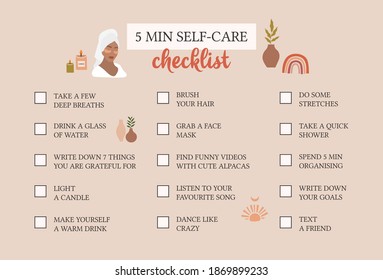 Self care checklist. Self love and self care ideas. Vector