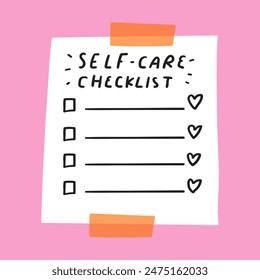 Self -care checklist. Paper note. Hand drawn illustration on pink background.