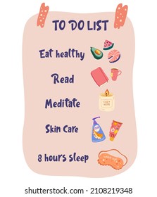 Self Care Checklist And Routine To Do Ideas.  Relaxing, Eating Well, Health, Happiness, Motivation, Skin Care, Reading, Sleeping.  Template For Sticker, Sticky Notes, Planners, Check Lists. Vector